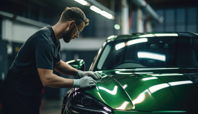 Car paint technician at work